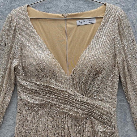 MAC DUGGAL IEENA Sequined Faux Wrap Long Sleeve Gown Size 8 NWT Nude Silver 0064 - Picture 8 of 16